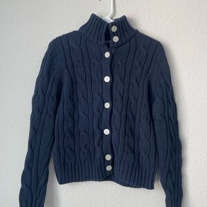 Chaps Navy Cable Knit 100% Cotton Cardigan High Neck Sweater Size Large